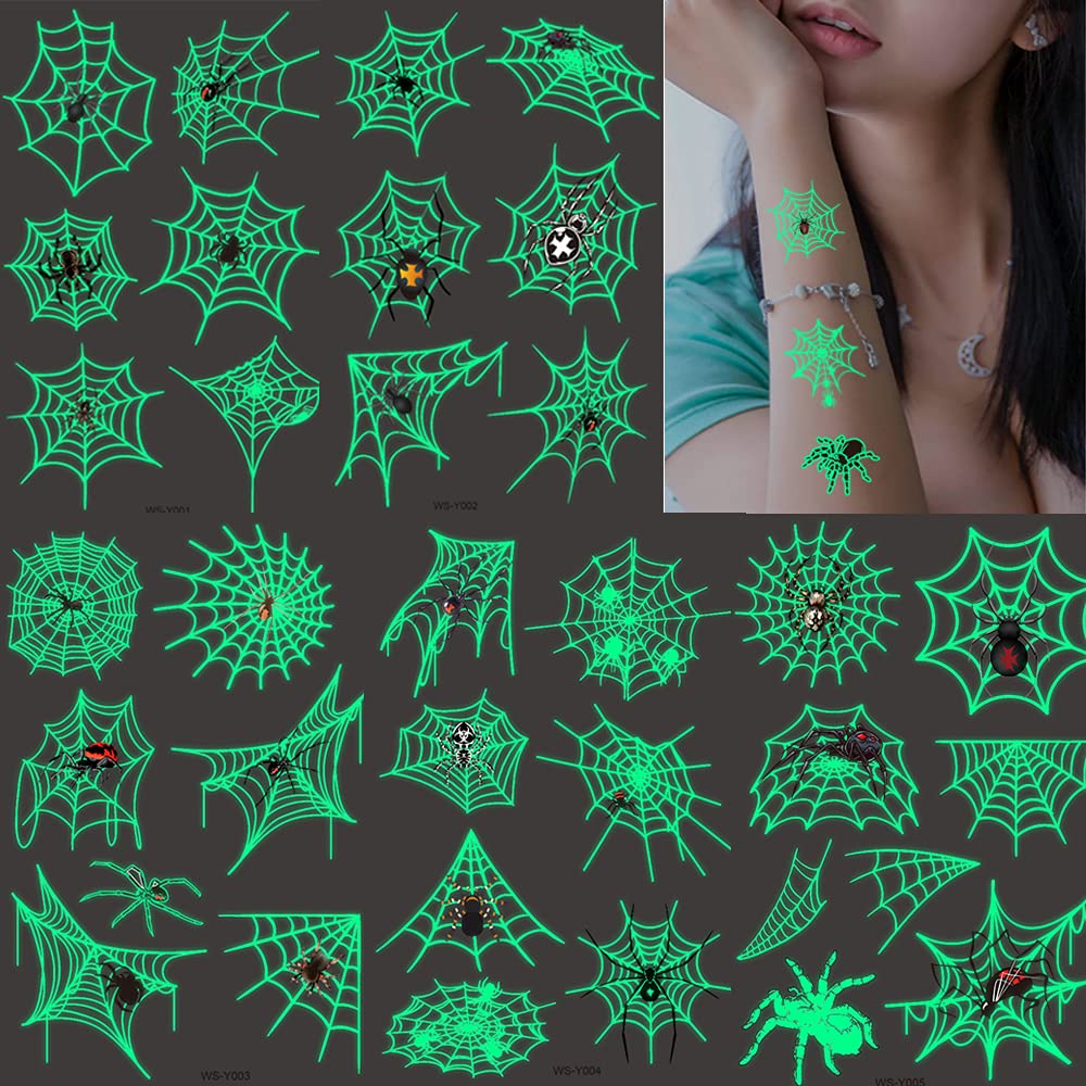 Temporary Tattoos for Kids, 73PCS Luminous Halloween Spider Web Glow in the Dark Fake Tattoos, Body Stickers Decorations, Halloween Cosplay Face Makeup Holiday Party Favors Gifts for Adults Spider