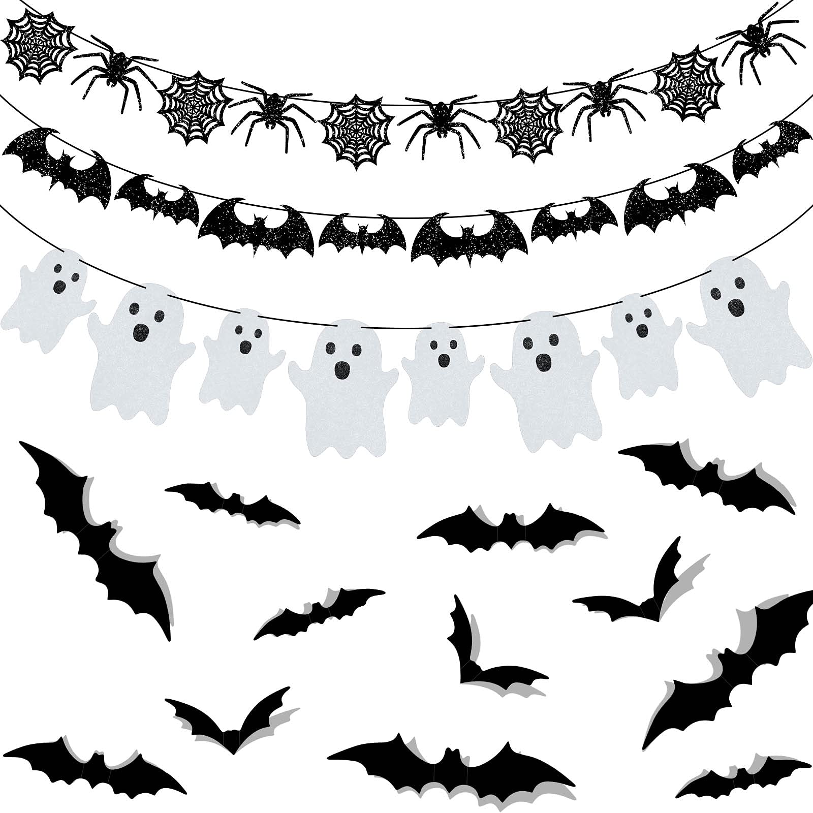 39 Pieces Halloween Decorations Black Glittery Bat Banner Spider Ghost Garland 3D Bat Wall Stickers Hanging Bat Banner for Halloween Party Haunted House Decoration Indoor Outdoor Mantel Supplies