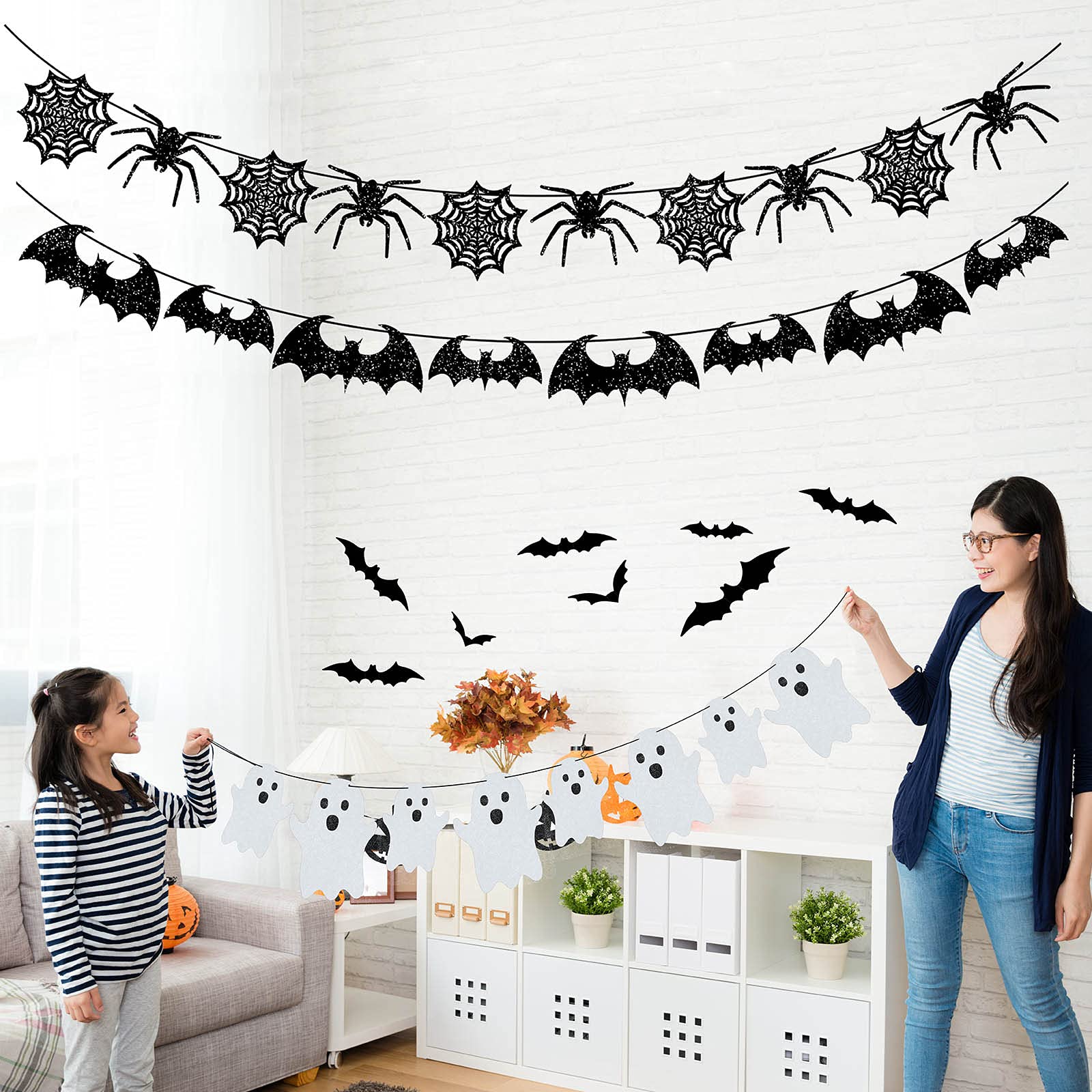 39 Pieces Halloween Decorations Black Glittery Bat Banner Spider Ghost Garland 3D Bat Wall Stickers Hanging Bat Banner for Halloween Party Haunted House Decoration Indoor Outdoor Mantel Supplies