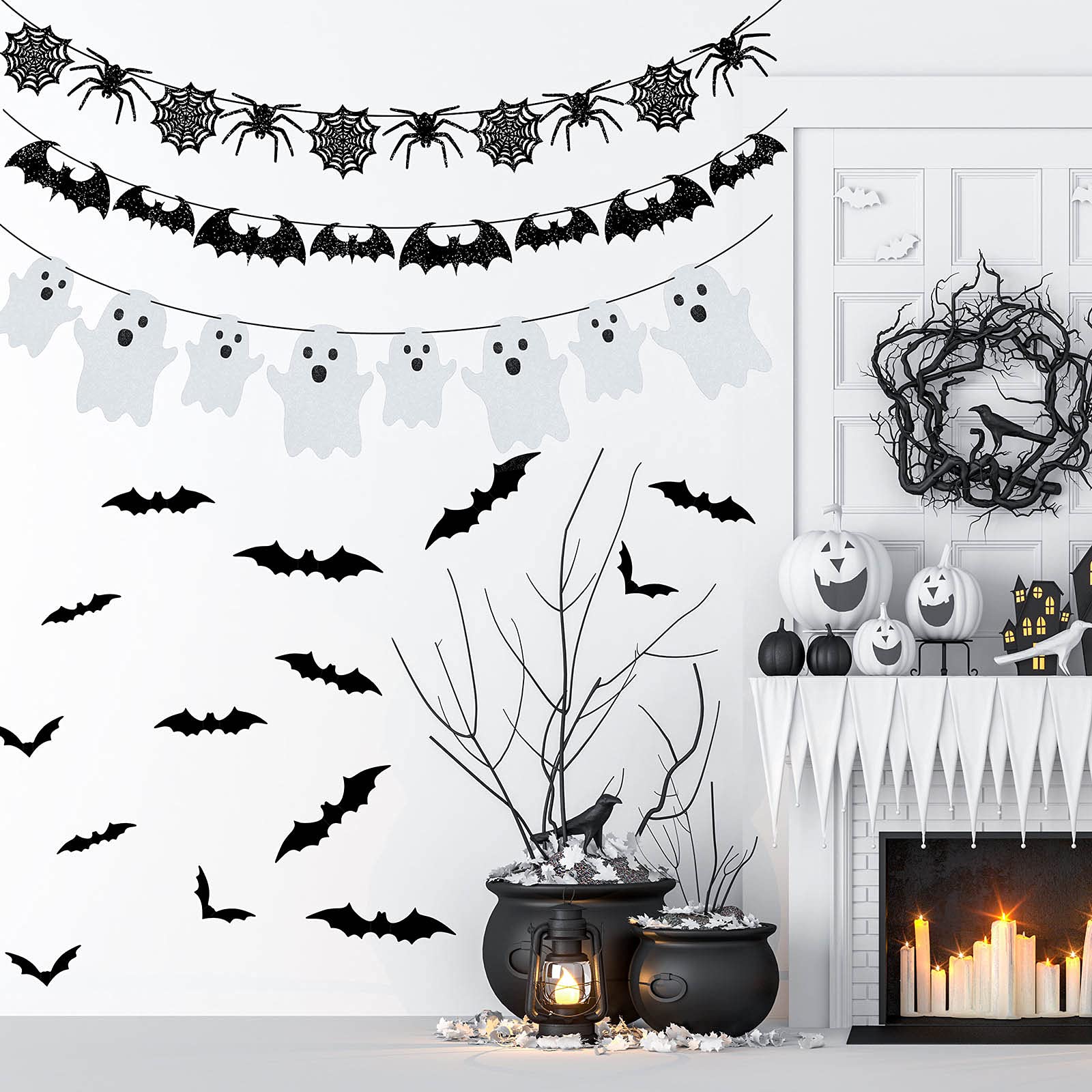 39 Pieces Halloween Decorations Black Glittery Bat Banner Spider Ghost Garland 3D Bat Wall Stickers Hanging Bat Banner for Halloween Party Haunted House Decoration Indoor Outdoor Mantel Supplies