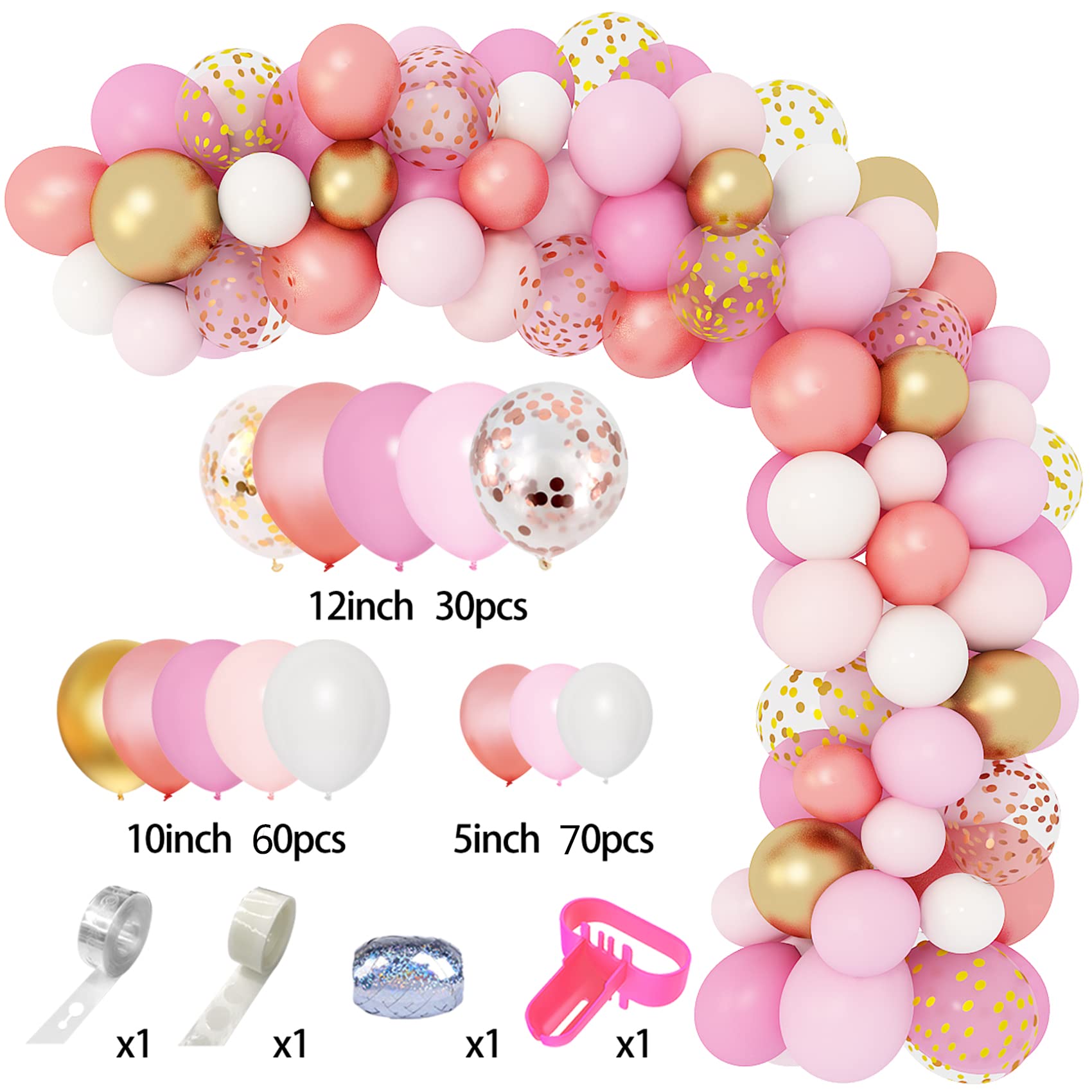 Amandir 164Pcs Rose Gold Pink Balloons Garland Arch Kit Light Pink Gold White Confetti Latex Metallic Balloons for Birthday Baby Shower Wedding Party Decorations Supplies