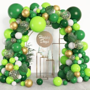 amandir 163pcs jungle party balloons garland arch kit, gold lime green balloons with artificial tropical palm leaves for dinosaur safari party decorations wild one birthday party supplies