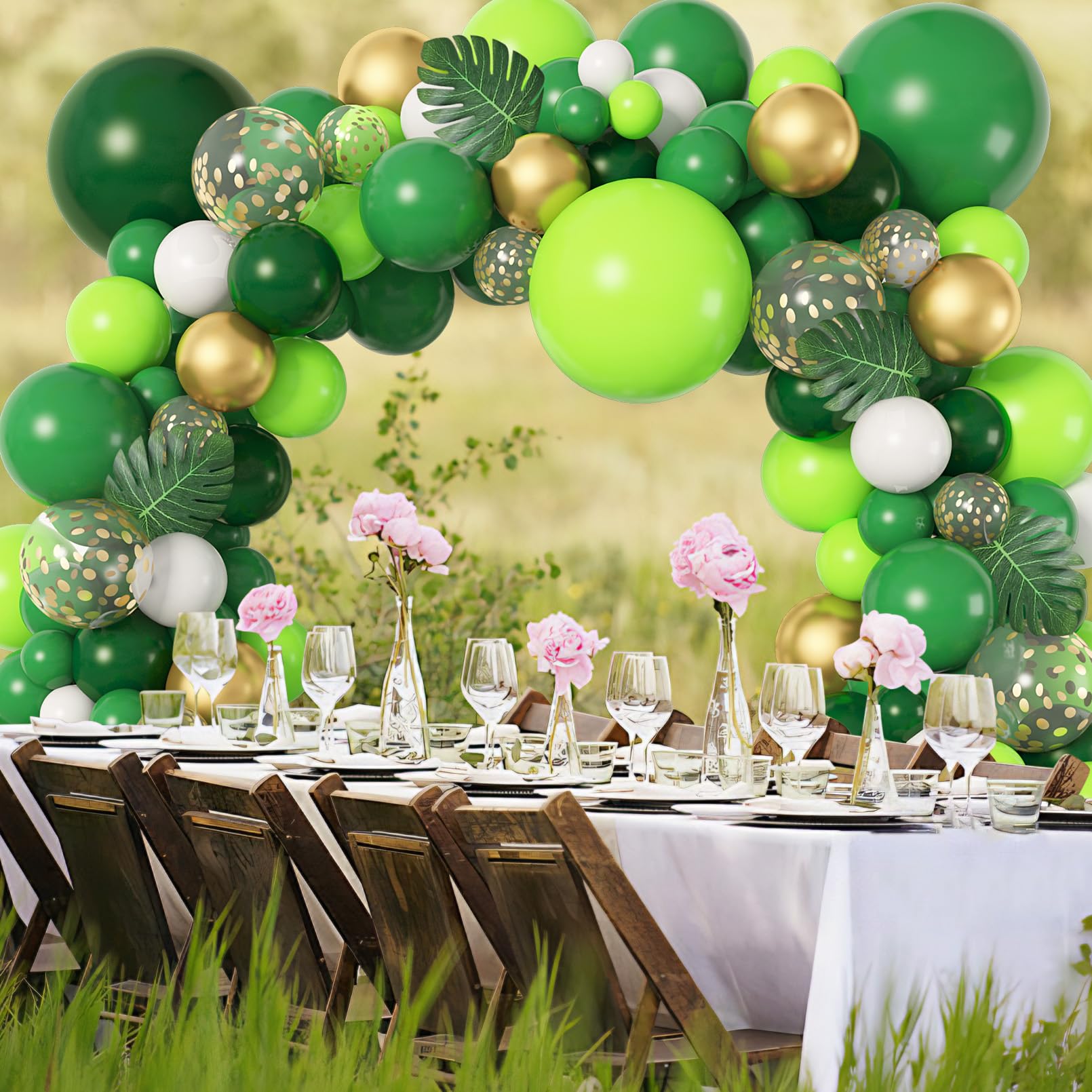 Amandir 163Pcs Jungle Party Balloons Garland Arch Kit, Gold Lime Green Balloons with Artificial Tropical Palm Leaves for Dinosaur Safari Party Decorations Wild One Birthday Party Supplies