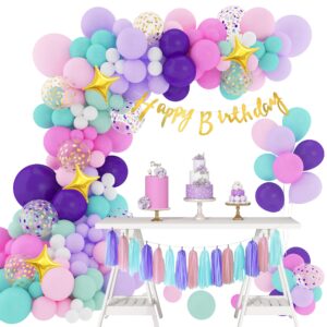 amandir 140pcs unicorn birthday balloons arch garland kit, confetti latex foil purple pink balloons happy birthday banner tassels for unicorn birthday decorations for girls party supplies