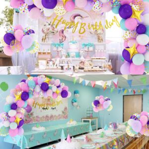 Amandir 140Pcs Unicorn Birthday Balloons Arch Garland Kit, Confetti Latex Foil Purple Pink Balloons Happy Birthday Banner Tassels for Unicorn Birthday Decorations for Girls Party Supplies