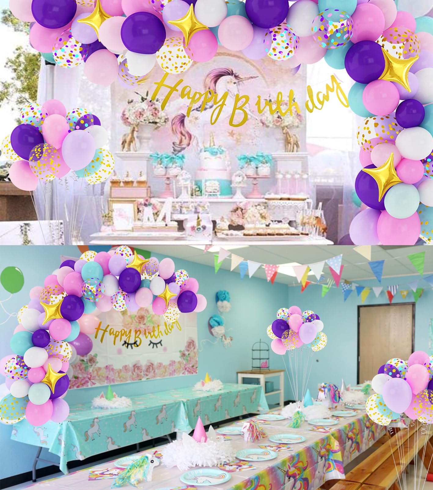 Amandir 140Pcs Unicorn Birthday Balloons Arch Garland Kit, Confetti Latex Foil Purple Pink Balloons Happy Birthday Banner Tassels for Unicorn Birthday Decorations for Girls Party Supplies