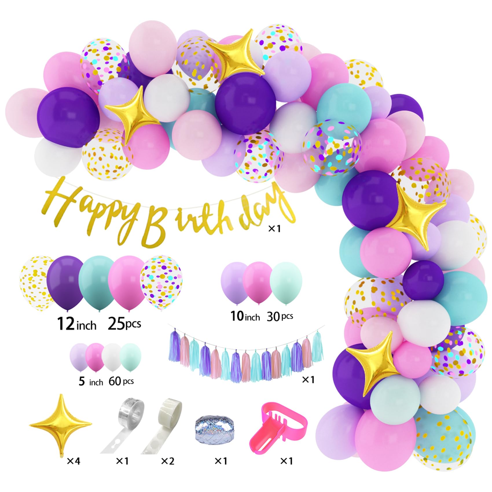 Amandir 140Pcs Unicorn Birthday Balloons Arch Garland Kit, Confetti Latex Foil Purple Pink Balloons Happy Birthday Banner Tassels for Unicorn Birthday Decorations for Girls Party Supplies