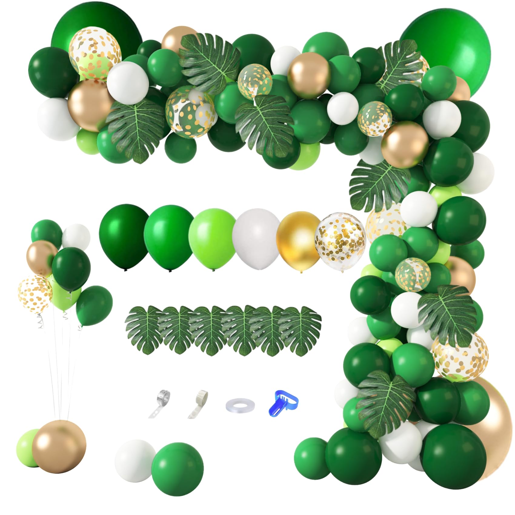 Amandir 163Pcs Jungle Party Balloons Garland Arch Kit, Gold Green Balloons Dinosaur Party Decoration with Palm Leaves for Safari Animal Wild One Birthday Baby Shower Decoration Party Supplies