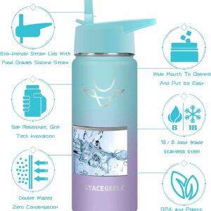 STACEGEELE Insulated Vacuum Water Bottle for Kids with Straw Lid Stainless Steel Flask Thermos for Boys and Girls Leak Proof Lightweight Eco Friendly 18oz(550ml),Springbank