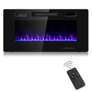 costway 36-inch electric fireplace, 750w/1500w wall recessed and mounted fireplace insert with remote control, 12 flame colors, 5 brightness settings, 8 h timer, fireplace heater for indoor use