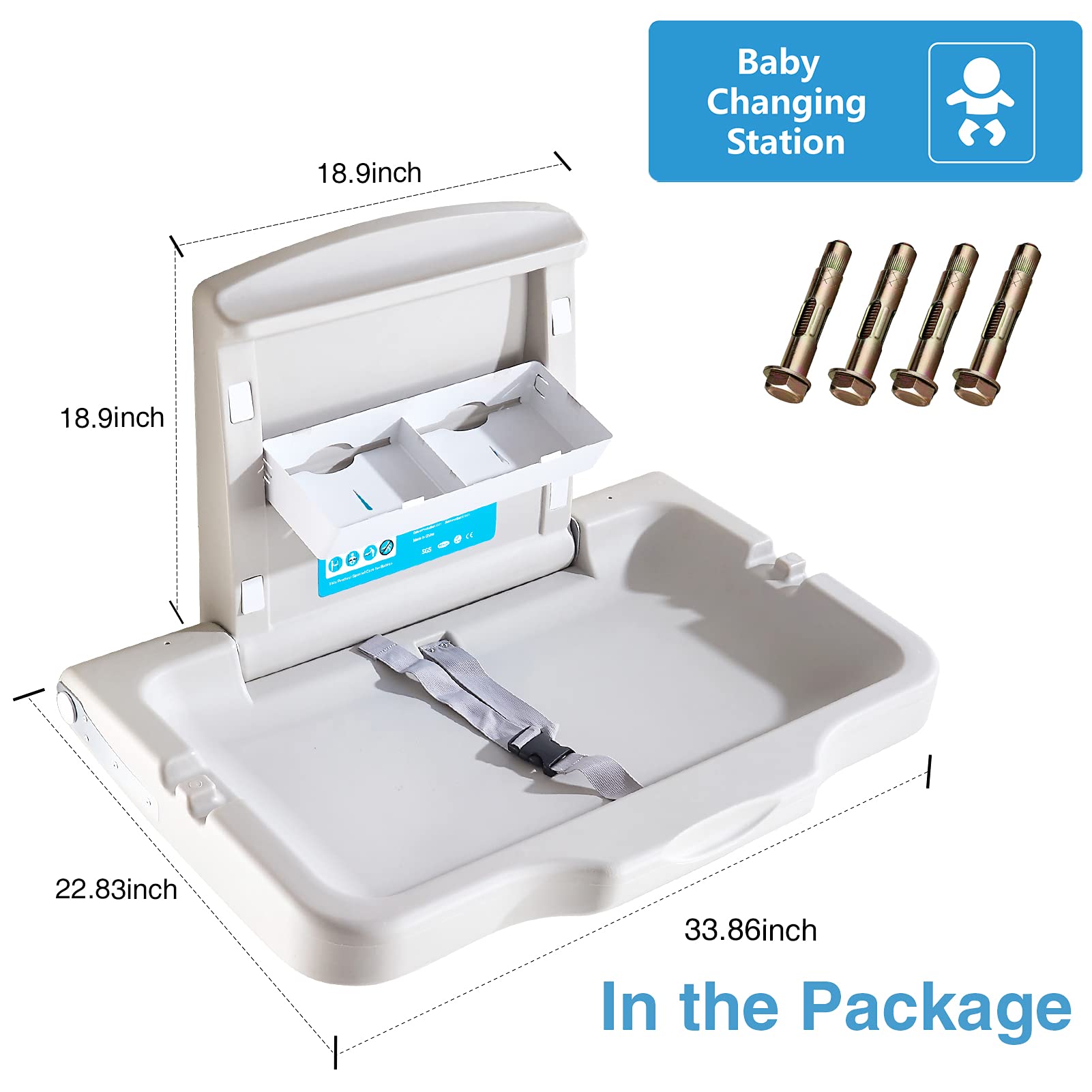 KSITEX Baby Changing Station Wall Mounted Baby Changing Table Foldable Diaper Changing Unit Commercial Restrooms Horizontal HDPE Meterial with Safrty Strap White Gray