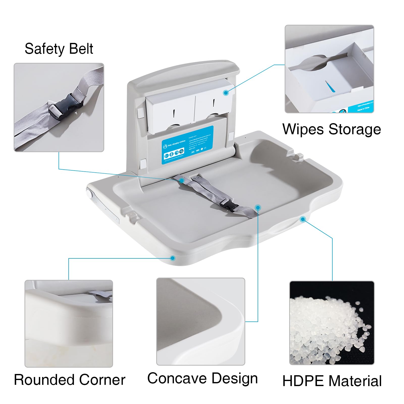 KSITEX Baby Changing Station Wall Mounted Baby Changing Table Foldable Diaper Changing Unit Commercial Restrooms Horizontal HDPE Meterial with Safrty Strap White Gray