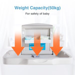 KSITEX Baby Changing Station Wall Mounted Baby Changing Table Foldable Diaper Changing Unit Commercial Restrooms Horizontal HDPE Meterial with Safrty Strap White Gray