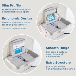 KSITEX Baby Changing Station Wall Mounted Baby Changing Table Foldable Diaper Changing Unit Commercial Restrooms Horizontal HDPE Meterial with Safrty Strap White Gray