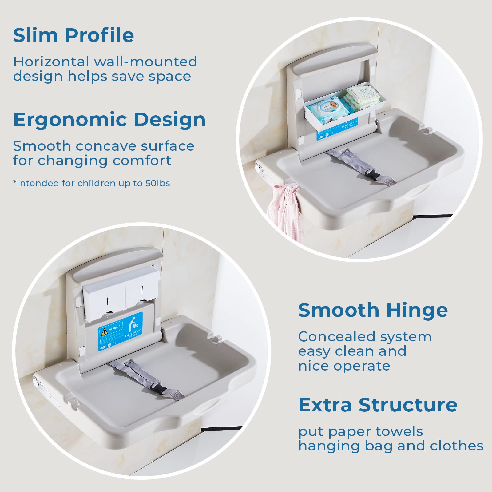 KSITEX Baby Changing Station Wall Mounted Baby Changing Table Foldable Diaper Changing Unit Commercial Restrooms Horizontal HDPE Meterial with Safrty Strap White Gray