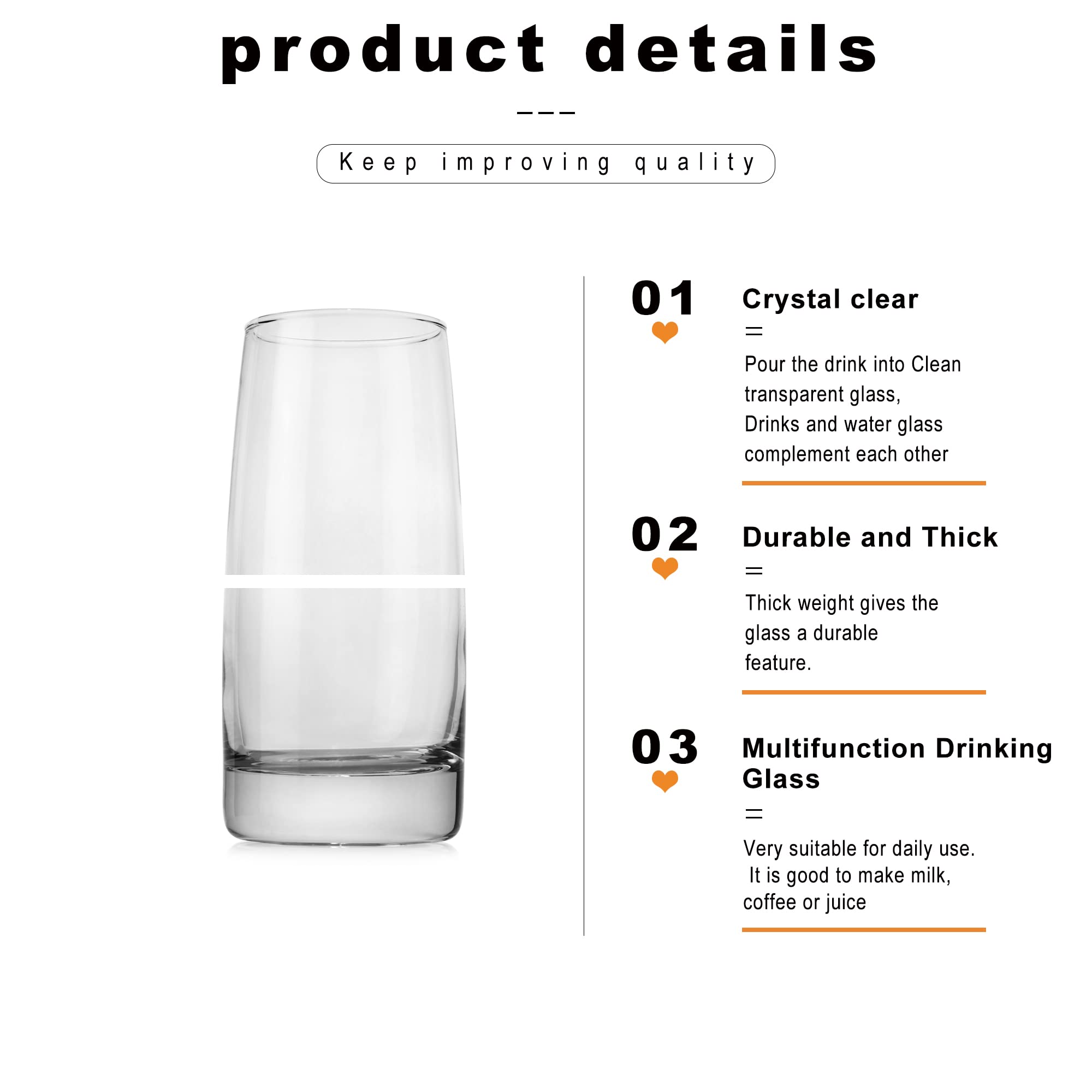 LUXU Highball Glasses,18 Fl.oz Heavy Base Drinking Glassware For Wine/Whiskey and Alcohol Drinks,Barware Collins Tumbler for Water/Juice and Milk,Cocktail Cups For Beer and Mixed Drinks(4 Pack)