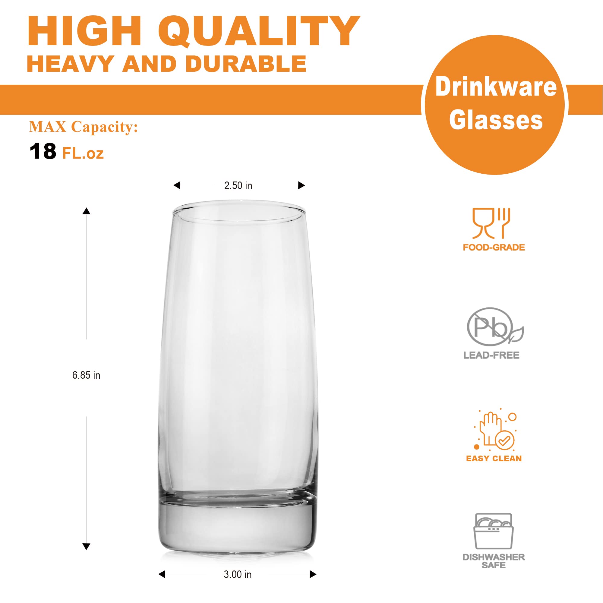 LUXU Highball Glasses,18 Fl.oz Heavy Base Drinking Glassware For Wine/Whiskey and Alcohol Drinks,Barware Collins Tumbler for Water/Juice and Milk,Cocktail Cups For Beer and Mixed Drinks(4 Pack)