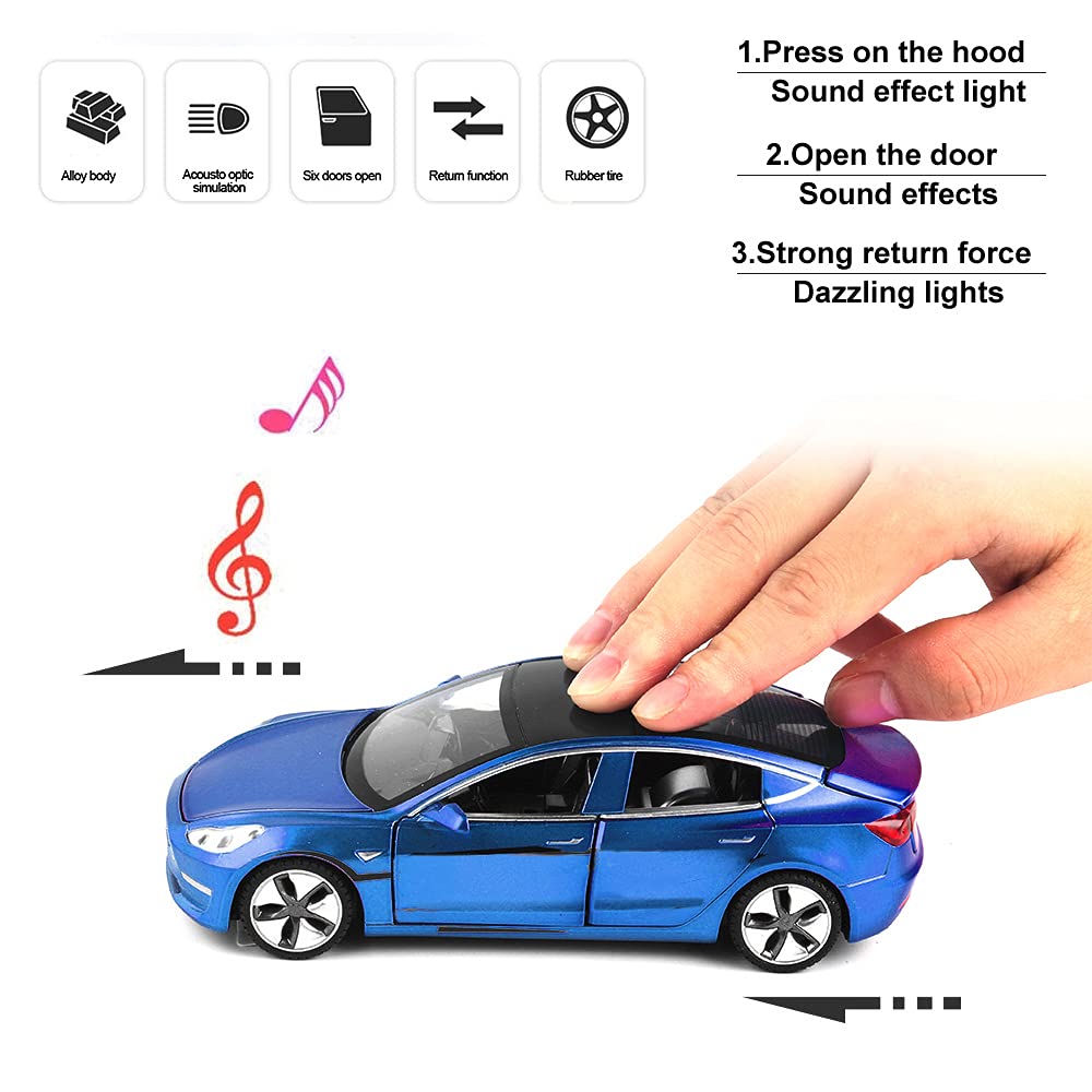 Model 3 Toy Car, 1:32 Zinc Alloy Diecast Car Toys for Kids, Pull Back Collectible Vehicle Toy Door Opening Scale Car Model with Sound and Light, Birthday Gift for Boys Girls 3+ Years Old