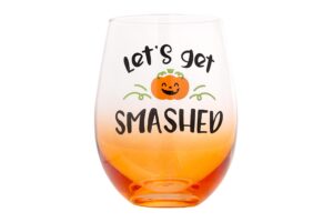 pearhead let's get smashed stemless wine glass, gradient orange, fall holiday home decor gifts, halloween stemless wine glass, 15 oz