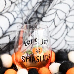 Pearhead Let's Get Smashed Stemless Wine Glass, Gradient Orange, Fall Holiday Home Decor Gifts, Halloween Stemless Wine Glass, 15 oz