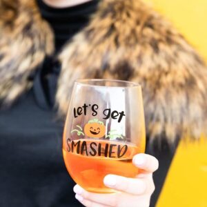 Pearhead Let's Get Smashed Stemless Wine Glass, Gradient Orange, Fall Holiday Home Decor Gifts, Halloween Stemless Wine Glass, 15 oz