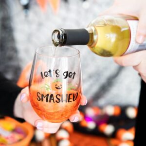 Pearhead Let's Get Smashed Stemless Wine Glass, Gradient Orange, Fall Holiday Home Decor Gifts, Halloween Stemless Wine Glass, 15 oz