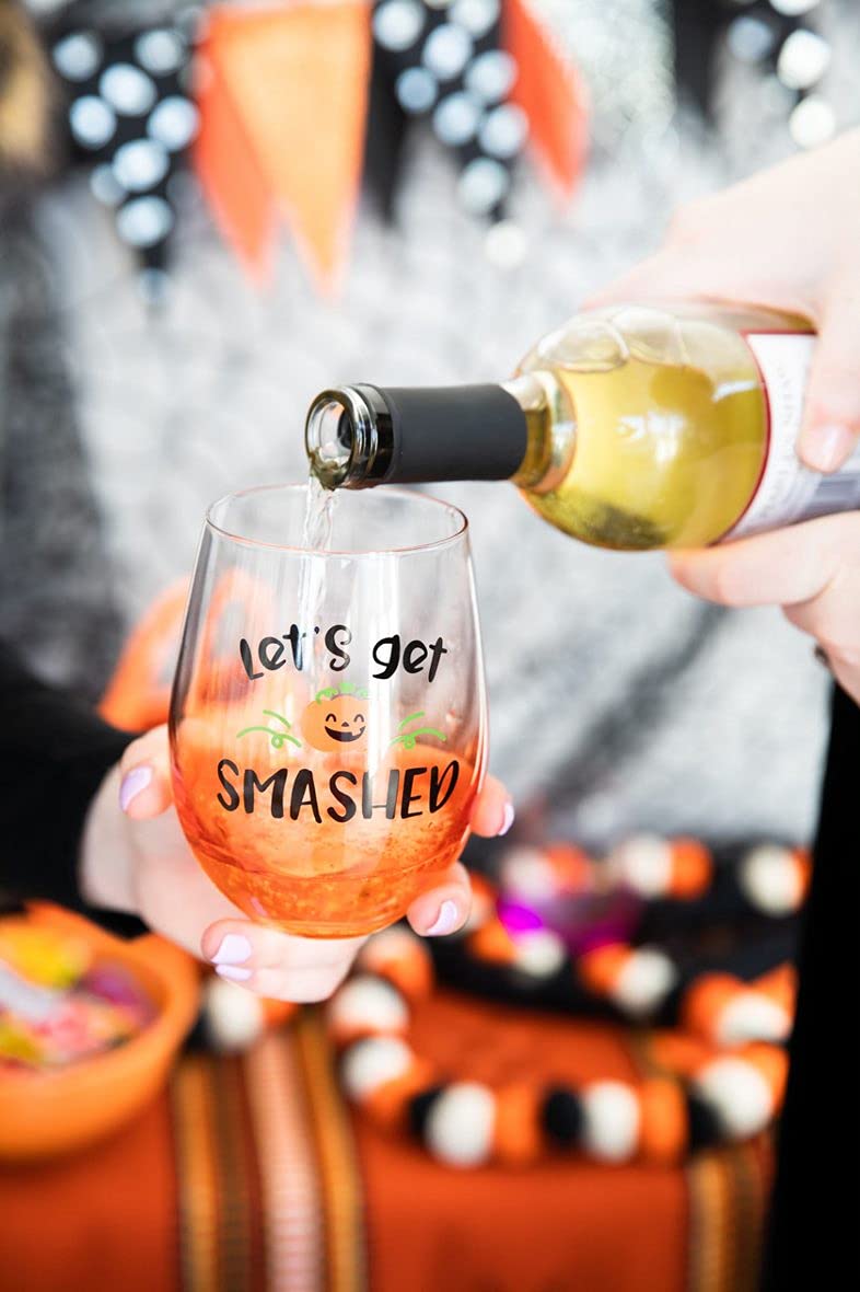 Pearhead Let's Get Smashed Stemless Wine Glass, Gradient Orange, Fall Holiday Home Decor Gifts, Halloween Stemless Wine Glass, 15 oz