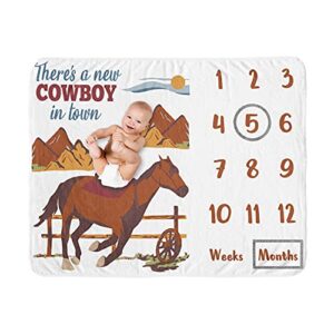 sweet jojo designs wild west cowboy boy milestone blanket monthly newborn first year growth mat baby shower memory keepsake gift picture - red blue and tan western southern country horse mountains