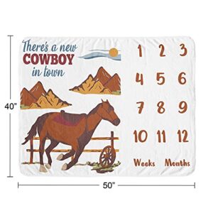 Sweet Jojo Designs Wild West Cowboy Boy Milestone Blanket Monthly Newborn First Year Growth Mat Baby Shower Memory Keepsake Gift Picture - Red Blue and Tan Western Southern Country Horse Mountains