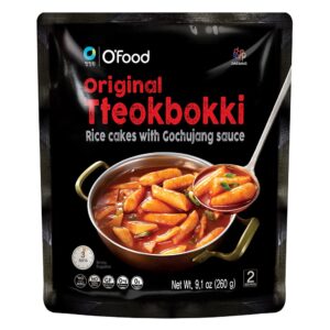 c o'food original tteokbokki, gluten-free korean rice cakes, authentic spicy korean street food snack, perfect with cheese and ramen noodles, ready to eat, no msg, no corn syrup, pack of 1