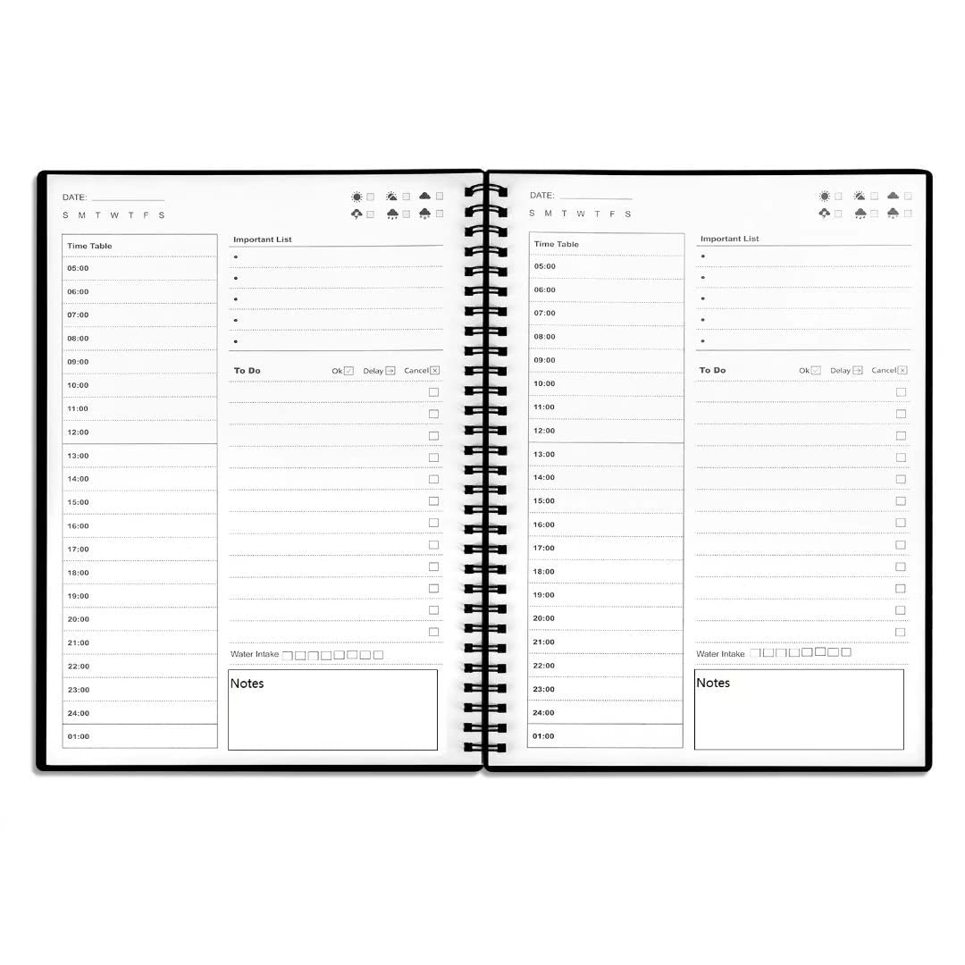 Daily Planner Undated, To Do List Notebook with Hourly Schedule, Time Management Manual and Planner, Personal Organizers, 7.6"x10.2", 48 Sheets/96 Pages, Black