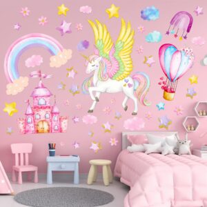 unicorn wall decals for girls bedroom,unicorn wall stickers with rainbow, unicorn room decor for girls bedroom kids playroom nursery decoration