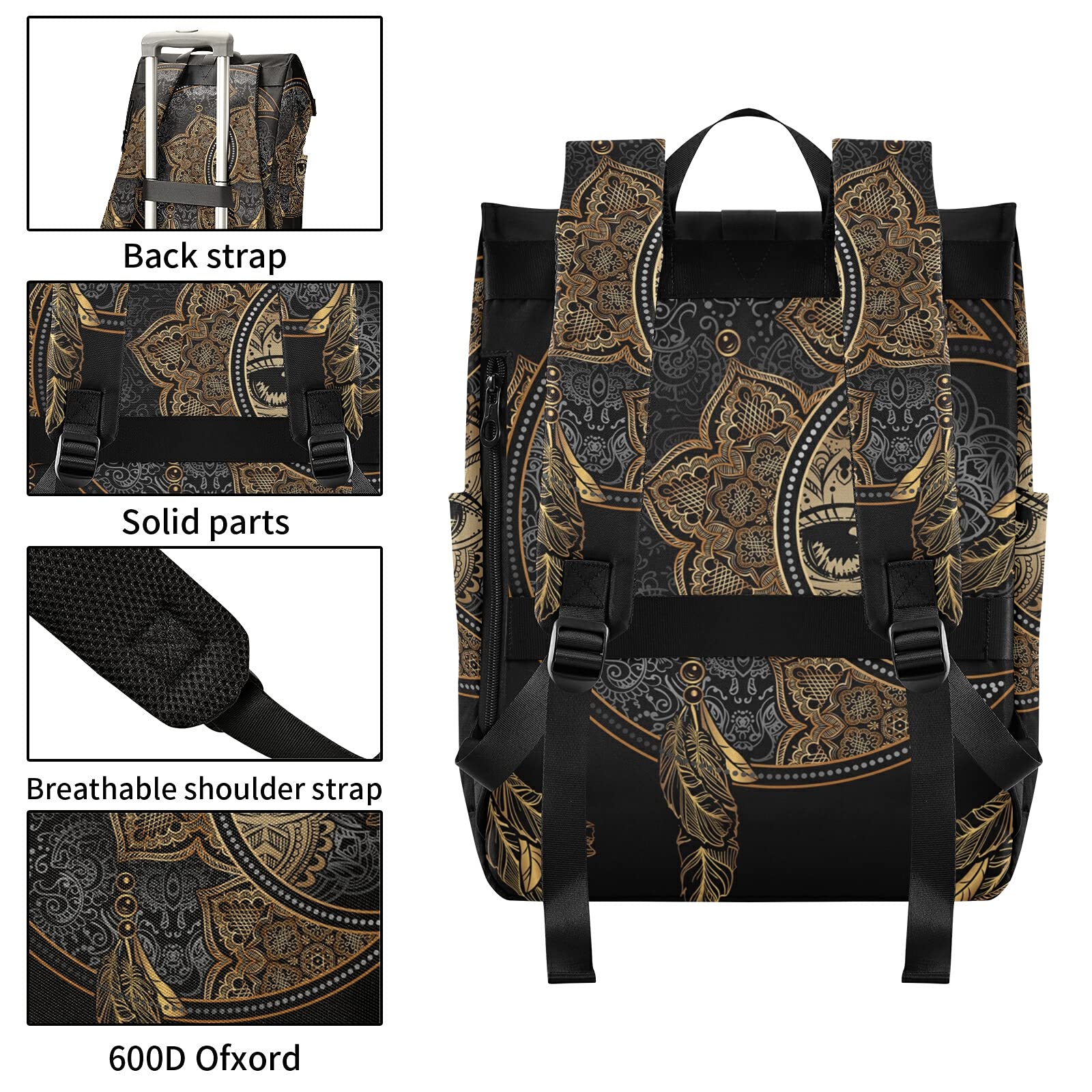 ALAZA Boho Crescent Moon & Sun Dreamcatcher Large Laptop Backpack Purse for Women Men Waterproof Anti Theft Roll Top Backpack, 13-17.3 inch