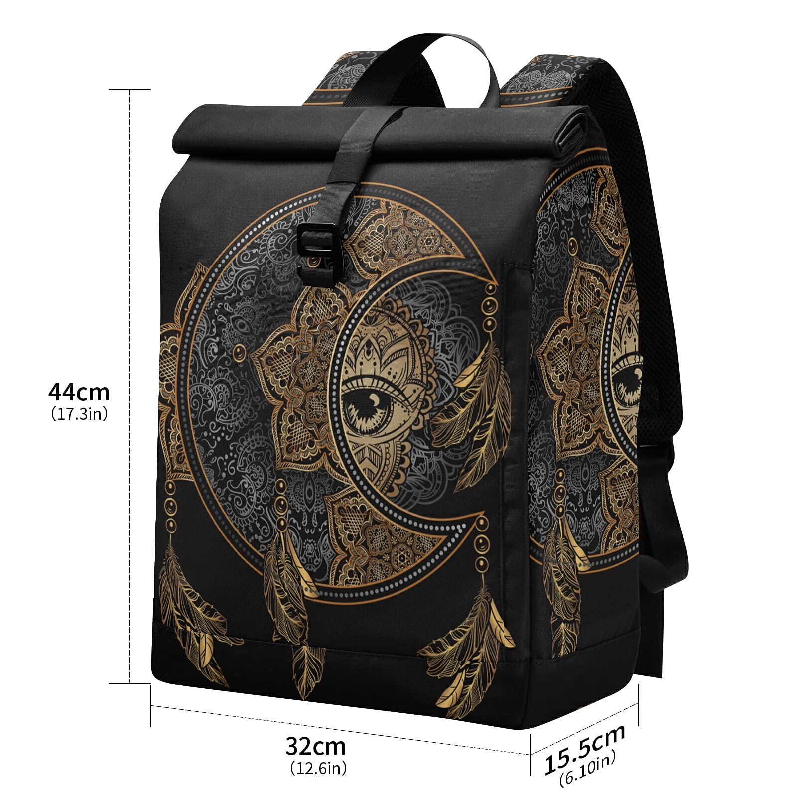 ALAZA Boho Crescent Moon & Sun Dreamcatcher Large Laptop Backpack Purse for Women Men Waterproof Anti Theft Roll Top Backpack, 13-17.3 inch