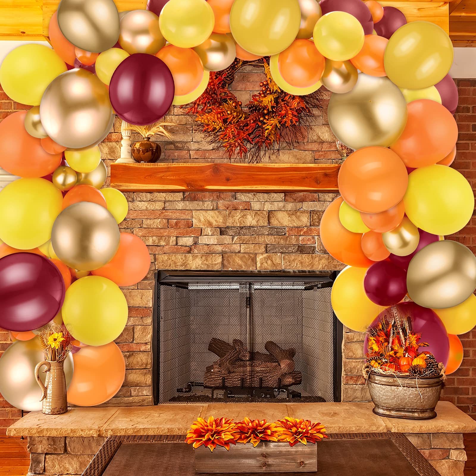 124 Pieces Fall Balloon Garland Kit Thanksgiving Orange Golden Balloons Autumn Garland Arch Kit, Fall Balloons Burgundy Orange Red Latex Balloons for Wedding Engagement Birthday Baby Shower Party