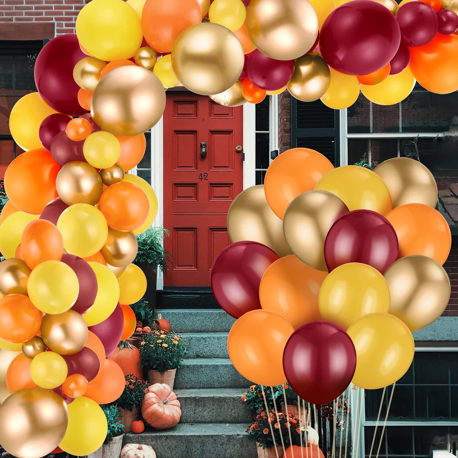 124 Pieces Fall Balloon Garland Kit Thanksgiving Orange Golden Balloons Autumn Garland Arch Kit, Fall Balloons Burgundy Orange Red Latex Balloons for Wedding Engagement Birthday Baby Shower Party