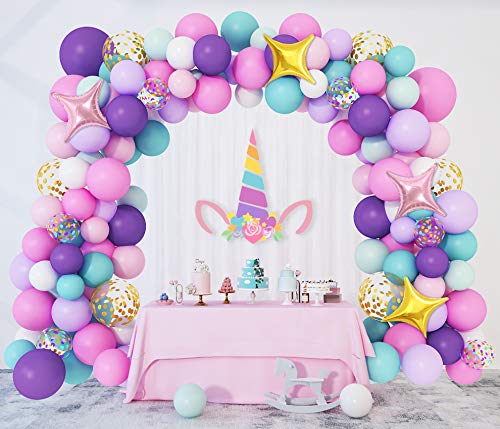 Amandir 138pcs Unicorn Balloons Arch Garland Kit, Unicorn Birthday Party Decorations for Girls Confetti Light Purple Aqua Blue Pink Balloons Set Wedding Baby Shower Party Supplies