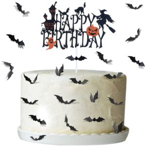 halloween happy birthday witch cake topper with 30 pieces 3d bats cake decoration black glittery halloween pumpkin cake topper ghost cake picks for birthday halloween party supplies