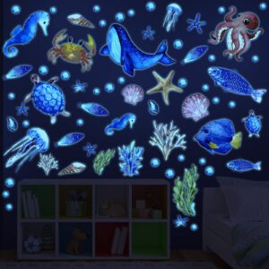 97 pieces glow in the dark sea wall decal stickers fish glow wall stickers ocean wall decals removable glowing sticker fluorescent starfish shell waterproof peel and stick for kids bedroom decor