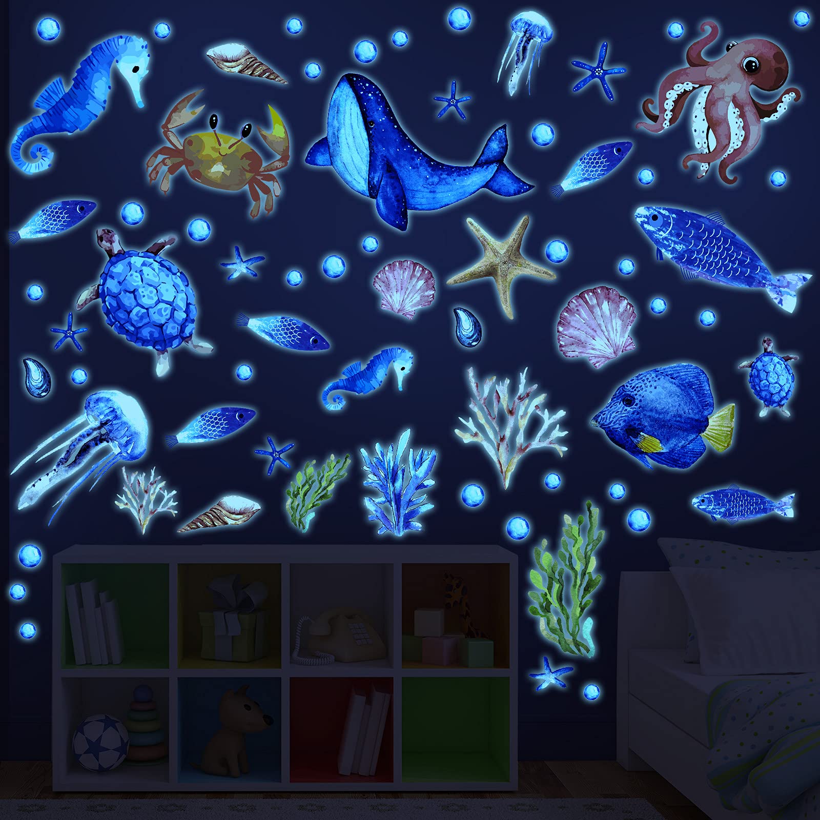 97 Pieces Glow in The Dark Sea Wall Decal Stickers Fish Glow Wall Stickers Ocean Wall Decals Removable Glowing Sticker Fluorescent Starfish Shell Waterproof Peel and Stick for Kids Bedroom Decor