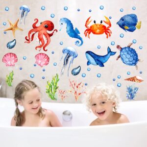 97 Pieces Glow in The Dark Sea Wall Decal Stickers Fish Glow Wall Stickers Ocean Wall Decals Removable Glowing Sticker Fluorescent Starfish Shell Waterproof Peel and Stick for Kids Bedroom Decor