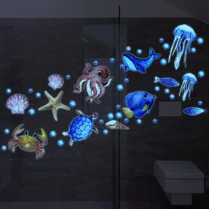 97 Pieces Glow in The Dark Sea Wall Decal Stickers Fish Glow Wall Stickers Ocean Wall Decals Removable Glowing Sticker Fluorescent Starfish Shell Waterproof Peel and Stick for Kids Bedroom Decor