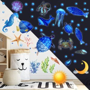 97 Pieces Glow in The Dark Sea Wall Decal Stickers Fish Glow Wall Stickers Ocean Wall Decals Removable Glowing Sticker Fluorescent Starfish Shell Waterproof Peel and Stick for Kids Bedroom Decor