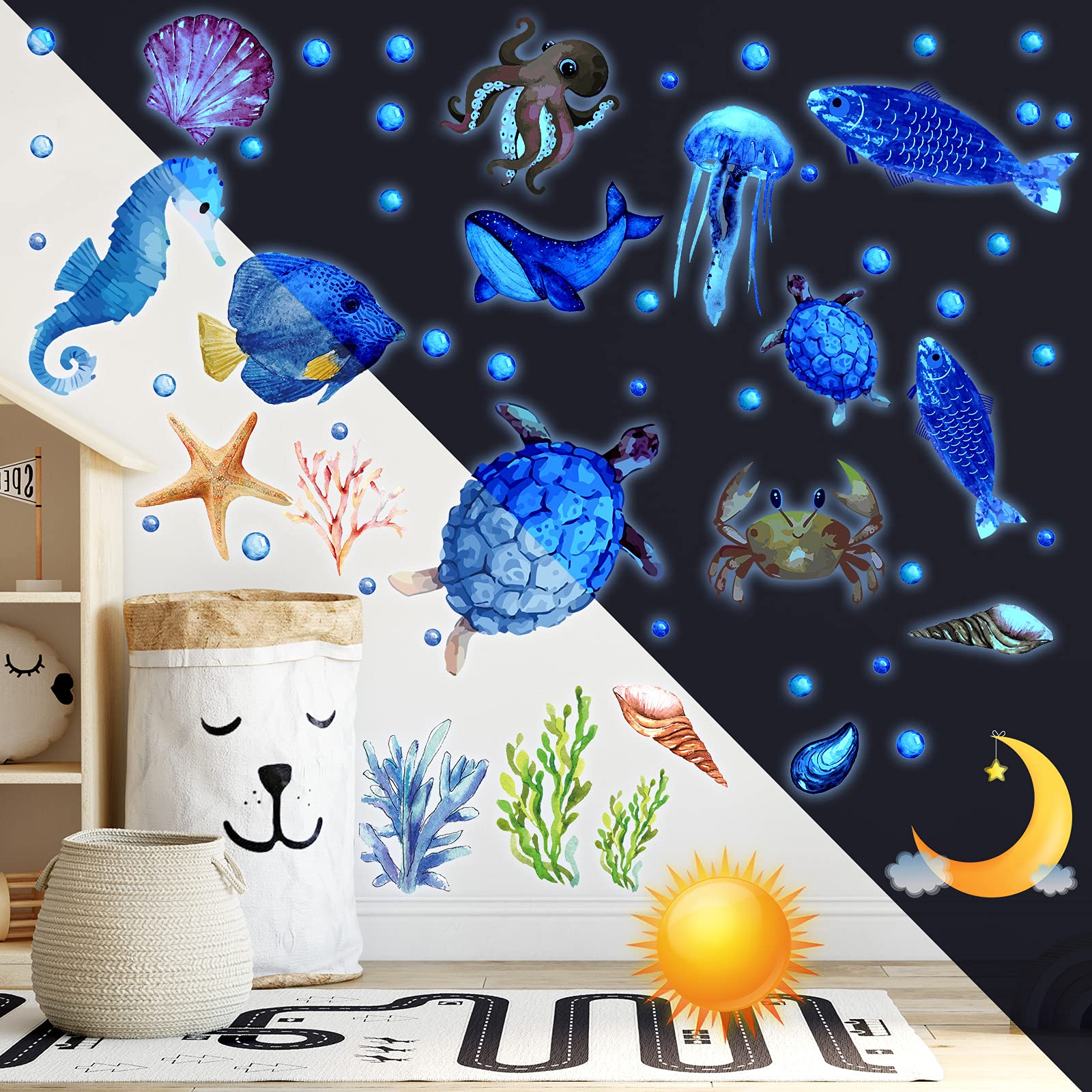 97 Pieces Glow in The Dark Sea Wall Decal Stickers Fish Glow Wall Stickers Ocean Wall Decals Removable Glowing Sticker Fluorescent Starfish Shell Waterproof Peel and Stick for Kids Bedroom Decor