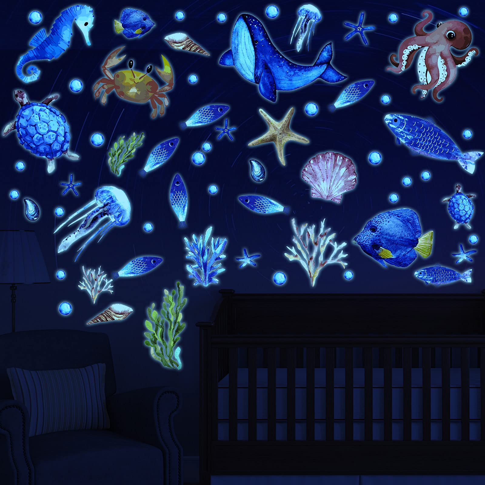 97 Pieces Glow in The Dark Sea Wall Decal Stickers Fish Glow Wall Stickers Ocean Wall Decals Removable Glowing Sticker Fluorescent Starfish Shell Waterproof Peel and Stick for Kids Bedroom Decor