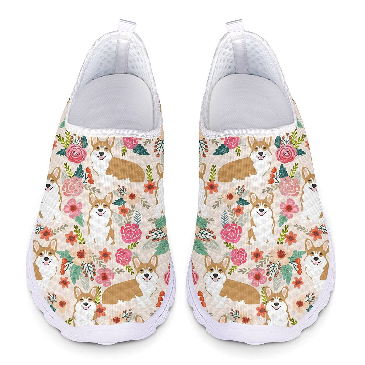 TOADDMOS Cute Flower Corgi Dog Print Women Walking Shoes Slip On Lightweight Athletic Tennis Fashion Sneaker Non-Slip Breathable Mesh Sneaker Ladies Girls