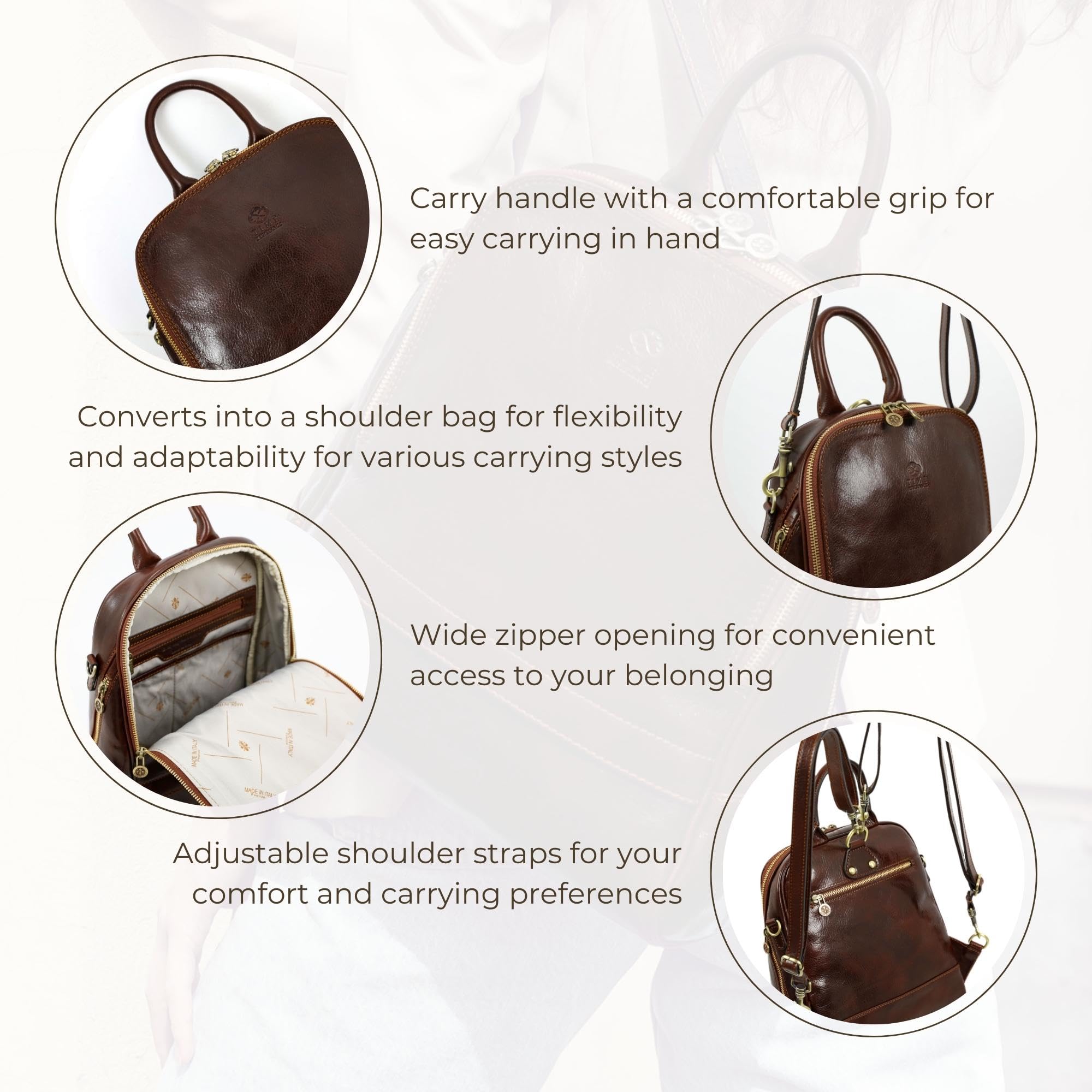 Time Resistance Leather Backpack Convertible to Shoulder Bag Full Grain Real Leather Travel Versatile Bag (Brown)