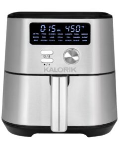 kalorik maxx® digital air fryer| 4 quart 7-in-1 oilless fryer with 7 cooking functions | led display with 21 smart presets | nonstick air frying basket | recipe book | 1600w | stainless steel & black