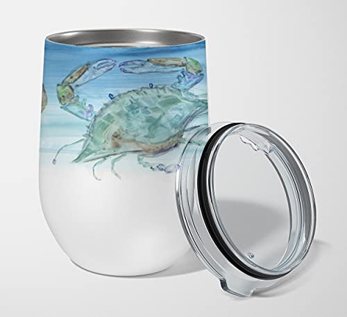 Caroline's Treasures SC2080TBL12 Crabs Shrimp and oysters Stainless Steel 12 oz Stemless Wine Glass Insulated Wine Tumbler with Lid, Cute Travel Cup for Coffee, Cocktails, Gift Women, Mother