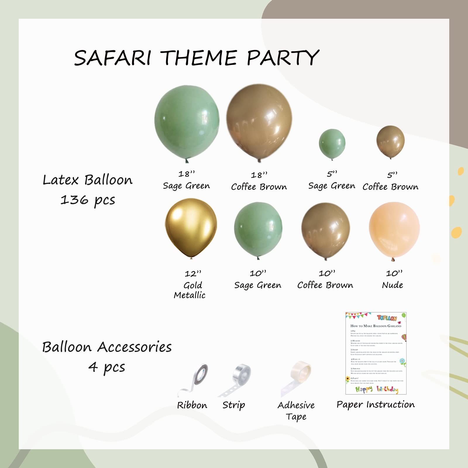 TOPLLON Sage Green Balloon Garland Kit 140 Pcs, Safari Woodland Balloon Arch with Brown Beige Gold Matte Balloons for Baby Shower Safari Birthday Decorations